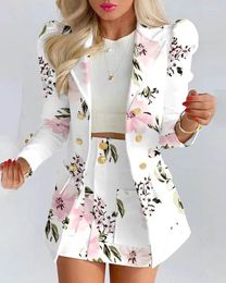 Women's Two Piece Pants Puff Sleeve Double Breasted Blazer Coat & Skirt Sets