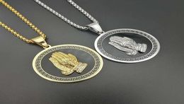 Hip hop zircon Men Jewellery Praying Hands And Bible Necklace With Wheat Chain For Men 18K Gold PlatedStainless Steel8362850