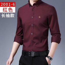 Spring Men's Wine Red Bamboo Fibre Plaid Long Sleeved Shirt Green Middle Aged High End No Iron