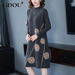 Casual Dresses Autumn Winter Half High Collar Patchwork Knitting Robe Femme Loose Fashion Vestidos Women Thick Warm Straight Midi Dress