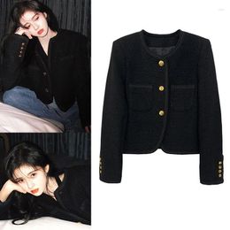 Women's Jackets Wool Tweed Jacket Women Slim Office Lady Blazer Spring Autumn Cropped Short Tops Korean Chic Outerwear