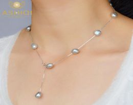 ASHIQI Real S925 sterling silver Natural Freshwater pearl pendant necklace Gray White 89mm Baroque pearl Jewelry for Women 2010139586782