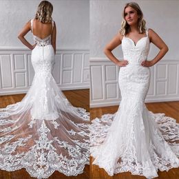 Gorgeous Lace Mermaid Wedding Dresses Bride Gown 2023 Spaghetti Straps Applique Sweep Train Covered Buttons Custom Made Plus Size Vestido De Novia