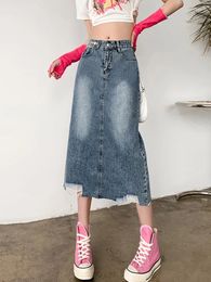 Skirts Vintage Blue Slit Mid-length Denim Skirt Women's Spring Autumn Simple Pocket Straight A-line Long Female