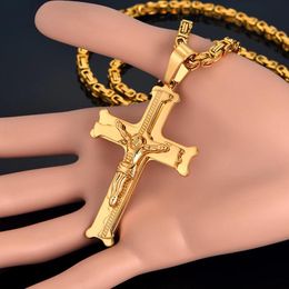 Rings Stainless Steel Big Jesus Cross Pendant with Long Chain Men's Gold Colour Crucifix Necklaces Male Religious Jewellery Dropshipping