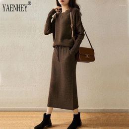 Work Dresses Knitted Sweater Bandage Drawstring Pockets Skirts For Women Wool 2 Two Piece Skirt Sets Womens Outifits Loose Suit Winter 2023