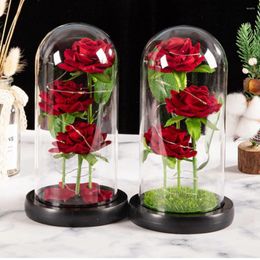 Decorative Flowers Led Galaxy Eternal Rose With Fairy String Lights 3 Head Flannel Artificial Flower In Dome Wedding Valentine's Day Gift