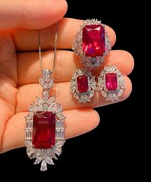 Charms 925 Sterling Silver Created Ruby Stone High Carbon Diamonds Necklace Earrings Ring Wedding Fine Jewellery Sets For Women4464575