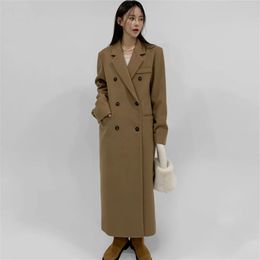 long Woollen coat women straight shoulder camel double-breasted tweed coat 231225