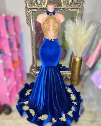 Sexy Royal Blue Prom Dresses Halter Neck Appliqued Mermaid Party Gowns For Girl Birthday Evening Dress Outfit