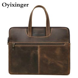 Briefcases New Men's Briefcase Crazy Horse Leather Men Handbag for 14 15 16 Inches Genuine Leather Computer Bags Male Business Document Bag