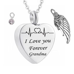 I love you forever grandma Birthstone Ashes heart Pendant Memorial Urn Necklace Angel Wing Stainless Steel Waterproof Cremation Je194v