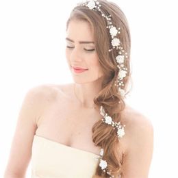 Wedding Bridal Flower Long Hair Chain Band Headband Crystal Rhinestone Crown Tiara Headpiece Jewellery Pearl Headdress Princess Quee157S