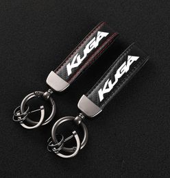 Keychains HighGrade Leather Car KeyChain 360 Degree Rotating Horseshoe Key Rings For Ford Kuga Accessories6464273