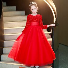 Puffy Royal Blue Flower Girls Dresses 2024 New Tulle Sequined Long Sleeves Kids Teens Pageant Gowns Birthday Dress For Wedding Toddler Girl Cooktail Party Gown