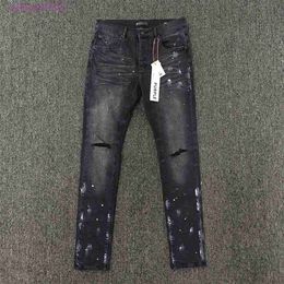 Designer Purple Brand Men's Low Rise Slim Fit Elastic Classic Old Style Knee Perforated Resin Black Denim