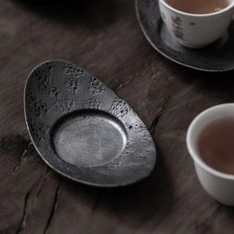 Tea Trays Retro Tin Cup Mat Tray Handmade Hammer Pattern Metal Japanese Accessories
