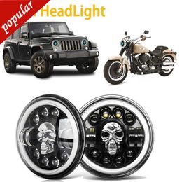 Lights New 1 / 2pcs 7Inch HeadLight LED Running Lamp Skull Angel Eyes Colourful Halo DRL For Jeep Wrangler Lada 4x4 Niva Off Road Motorcyc