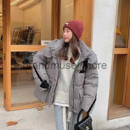 Women's Down Parkas Houndstooth Hooded Puffer Jacket Women Winter Windproof Thickened Down Cotton Jacket Vintage Warm Parka Long Sleeve Korean Coat J231226