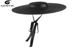 GEMVIE 4 Colour Wide Brim Flat Top Straw Hat Summer Hats For Women Ribbon Beach Cap Boater Fashionable Sun Hat With Chin Strap Y2005732097