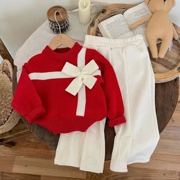 Cute Girls Sweater Sets Red Soft Warm Pullover Bow Gift Knitting TopsElastic Waist Solid Pants 2Pcs Kids Christmas Clothes Suit 231225