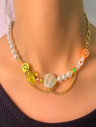 Chokers Korean Creative Yellow Orange Face Bear Pearl Beaded Necklace For Women Asymmetry Splicing Metal Chain Choker Fun Design J3469264