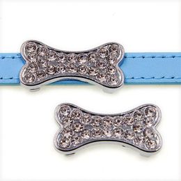 Whole rhinestone dog bone zinc alloy 10mm slider Charms DIY Accessories Fit 10mm Pet Collar wristband SL508256H