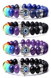 Natural Chakra Stones Beaded Strands Fatima Evil Charm Bracelets Fashion Black Lava Tiger Eye Turquoise Amethyst Agate Quartz Bang6917810
