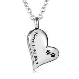 Stainless Steel Silver Paw print Cremation Jewelry Pet Dog Cat Forever in My Heart Ashes Keepsake Urns Pendant Necklace for Women205K