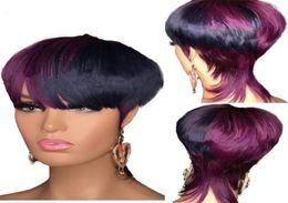 Ombre Highlight Rose Purple Color Remy Human Hair Wigs Pixie Short Cut Bob Brazilian Straight No Lace Front Wig1146304