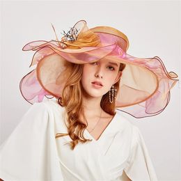 Flower Decor Wide Brim Organza Hat Thin Elegant Sun Cap Fashion Accessories 231225