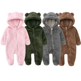 Baby Winter Thick Romper Solid Cotton Warm Long Sleeve Boy Girl Jumpsuit Clothes 0-24M born Bear Fleece Hooded Pyjamas 231225