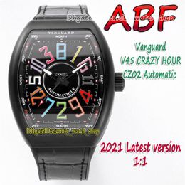 ABF New Crazy Hour Vanguard CZ02 Automatic Mechanical 3D Art Deco Arabic Dial V45 Mens Watch PVD Black Steel Case Leather eternity2492