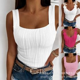 Women's T Shirts Square Neck Textured Tank Top 2023 Summer Women Pleated Sleeveless Floral Tops Casual Slim Fit Regular Tanks