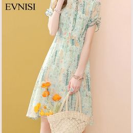 Dresses EVNISI Green Chiffon Print Dress 2022 Summer New Floral Dress Bohemian Ruffle Aline Dresses Beach Side Vestidos