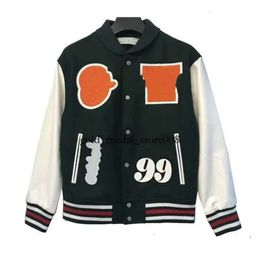 Off White Autumn Winter Brand Jacket New Coat Male and Female Lovers Ow Heavy Industry Embroidered Wool Spliced Leather Sleeve 622