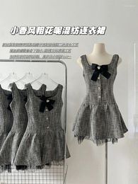 Casual Dresses Summer Women's Sweet Plaid Sleeveless A-Line Dress Female Temperament Fashion French Style Vintage Bow Frocks 2000s Aesthetic