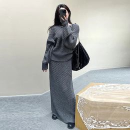 Korean Solid Colour Sweater Long Dress Set Women Two-pieces Autumn Winter Knitted Dress Kit Plus Size JumperLong Skirt 231226