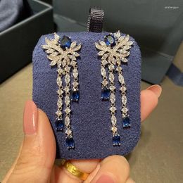 Dangle Earrings Blue Flowers Fringed Zircon European Luxury Dinner Royal Banquet Fine Jewelry