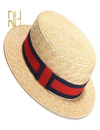 RH Natural Wheat Straw Boater Fedora Top Flat Hat Women Summer Beach Flat Brim Cap With Bowknot Ribbon For Holiday Party2837019