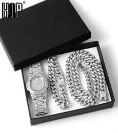 Necklace WatchBracelet 3pcs Kit Hip Hop Miami Curb Cuban Chain Gold Full Iced Out Paved Rhinestones CZ Bling For Men Jewellery Cha3584364