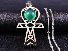 Egyptian Cross Stainless Steel Green Stone Charm Necklace For Women Silver Color Jewelry Collier Femme NXS04 Pendant Necklaces9881924