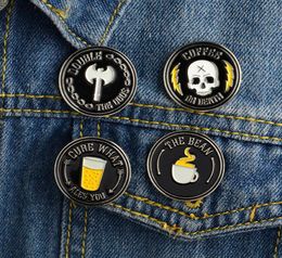 Round Letter Skull Cowboy Brooches Pins Coffee Beer Skeleton Collar Pin Women Men Enamel Alloy Circle Anti Light Buckle Badge Jewe3671362