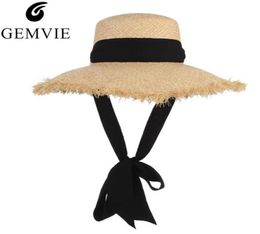 Gemvie Handmade Weave Raffia Sun For Women Black Ribbon Floppy Brim Large Fields Straw Hat Summer Beach Cap Fedora New C190417012497806