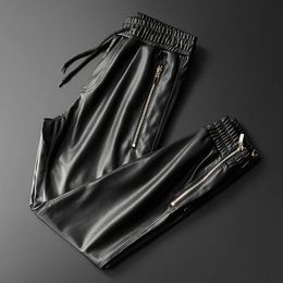 Men's Leather Pants Superior Quality Elastic Waist Jogger PU Motorcycle Trousers Biker's 231225