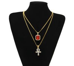 Egyptian Ankh Key of Life Bling Rhinestone Pendant With Red Ruby Pendant Necklace Set Men Hip Hop Jewelry .7301117
