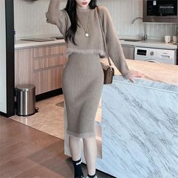 Women's Hoodies Women Fashion Solid Knitted Skirt Two Piece Set O-neck Korean Sweater With Slim Pink Dress Two-piece