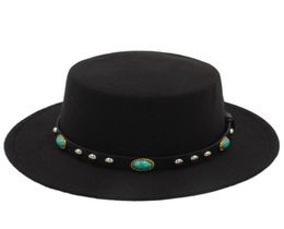 Fashion Women Wool Bowler Hat Boater Sailor Pork Pie Cap Turquoise Leather Belt1457685