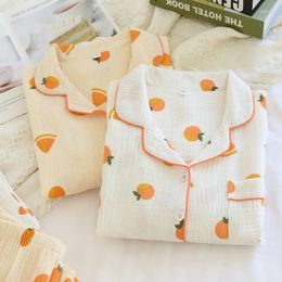 Women's Sleepwear Soft Pajamas Cotton Pajama Cartoon Orange Printing Set Long Sleeved Pants Homewear Skin-Friendly Breathable