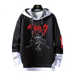 Berserk Print Men's Sweatshirts Spring Autumn Ribbons Letter Anime Hoodies Hip Hop Streetwear Patchwork Tops Y2K Hooded Clothing